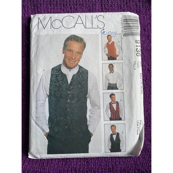 McCalls 9136 mens vest bow tie cummerbund pattern size 36 38 40 - Picture 1 of 6